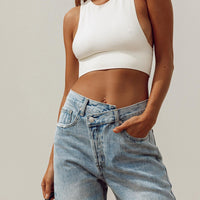 Holly Asymmetric Straight Leg Jean Light Wash Denim Petite