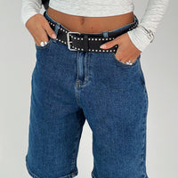 Retro Dream Mid Rise Longline Denim Shorts Mid Wash