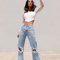 Maple Flare Jeans Knee Rips Light Wash Denim