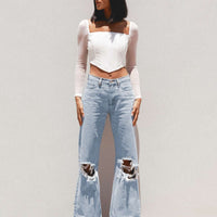 Maple Flare Jeans Knee Rips Light Wash Denim