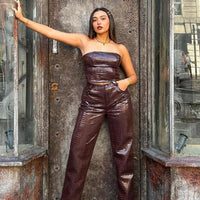 Motel Parallel Trouser Croc PU Dark Brown