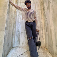 Cece Hammer Wide Leg Knee Rip Jeans Black Denim