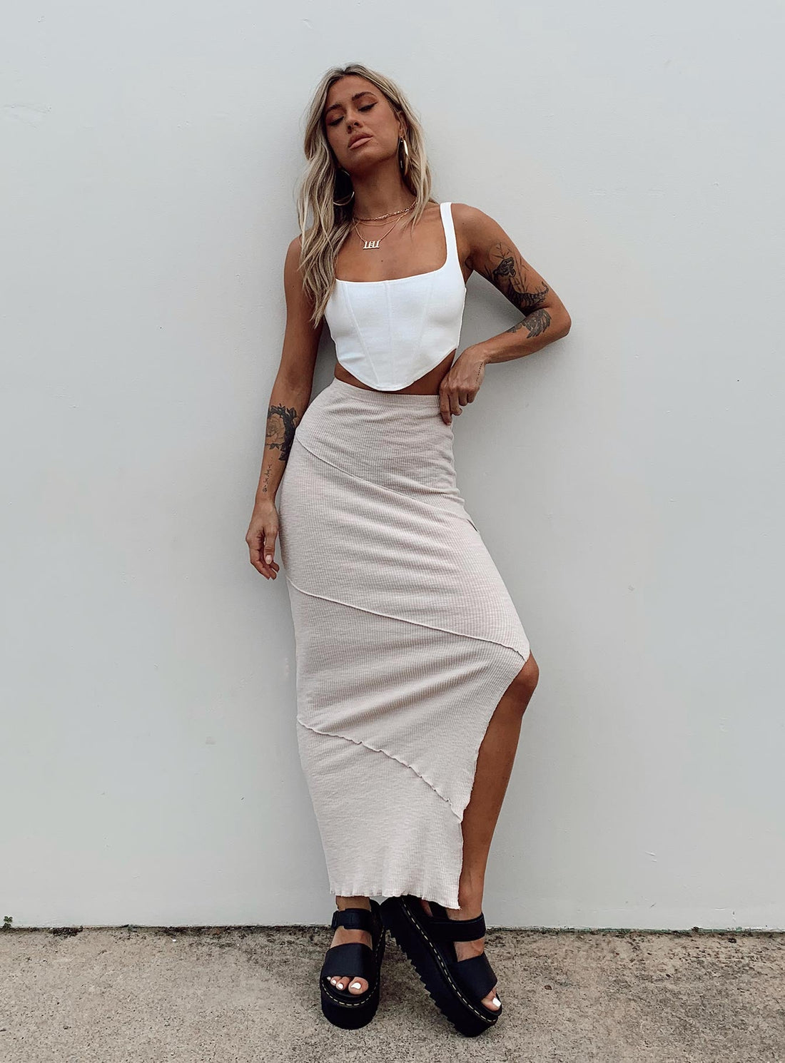 Oscar Split Maxi Skirt Beige
