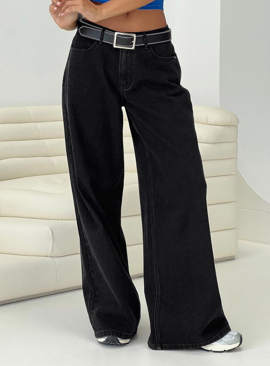 Naylor Mid Rise Wide Leg Jeans Washed Black Denim