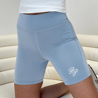 Princess Polly Bike Shorts Cursive Text Pale Blue/ Eggshell