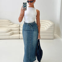 Brandee Tie Front Denim Maxi Skirt Mid Blue