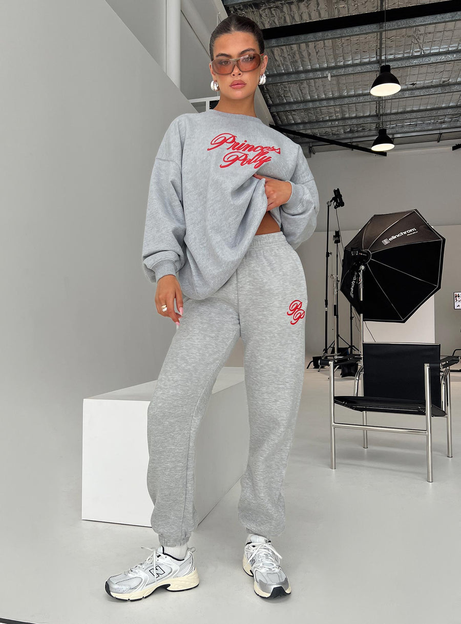 Princess Polly Track Pants Cursive Text Grey Marle/ Red