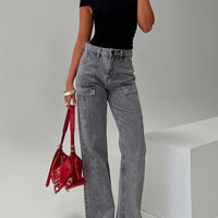 Chad High Rise Flared Cargo Jeans Washed Grey