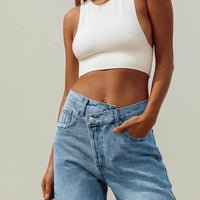 Holly Mid Rise Straight Leg Asymmetric Jean Light Wash Denim