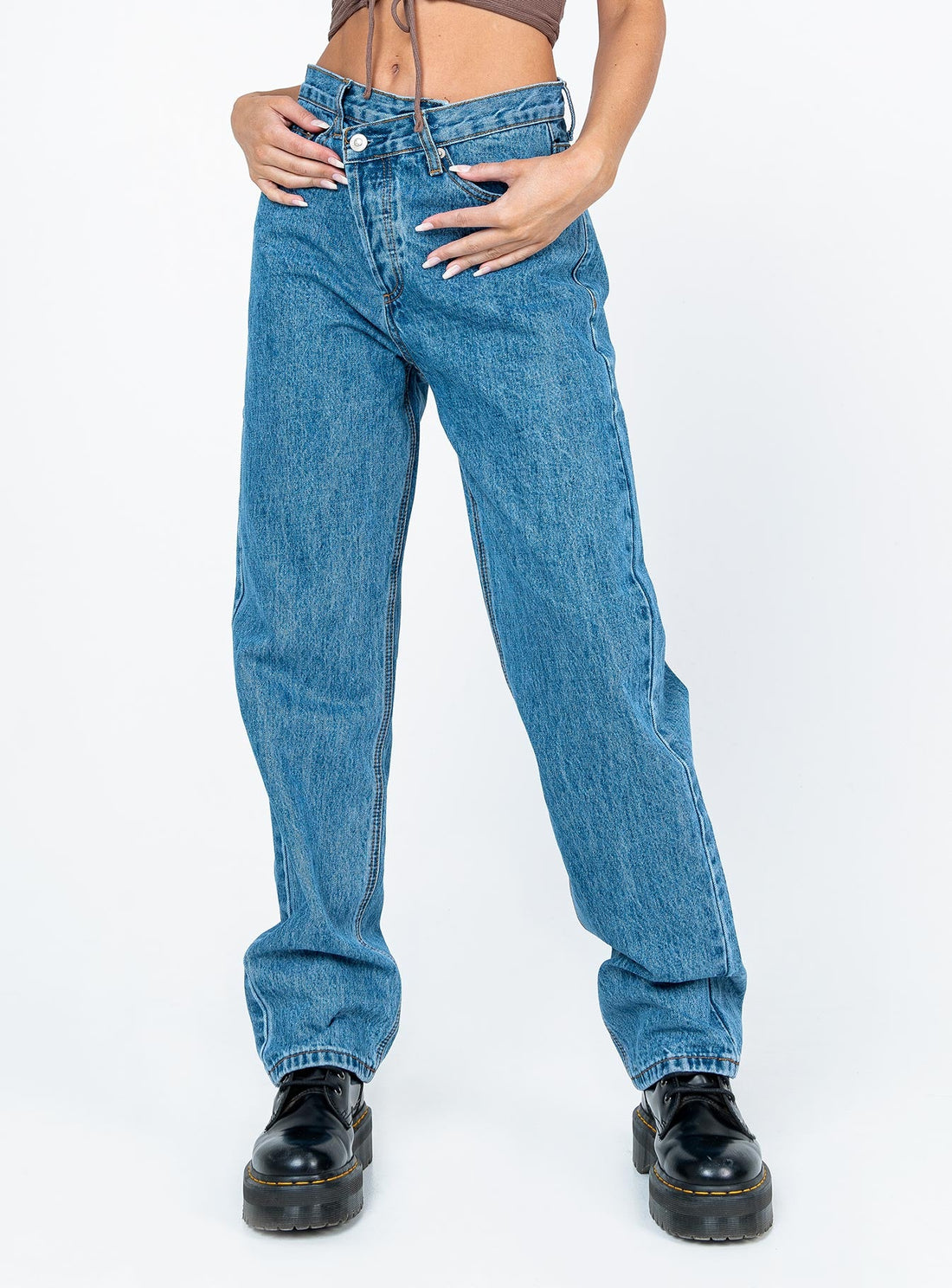 Holly Asymmetric Straight Leg Jean Mid Wash Denim
