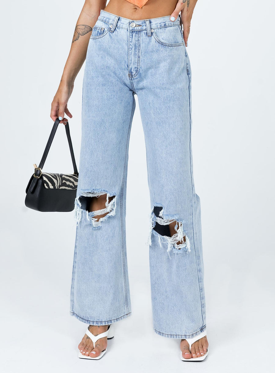 Maple Flare Jeans Knee Rips Light Wash Denim