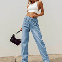 Holly Mid Rise Straight Leg Asymmetric Jean Light Wash Denim