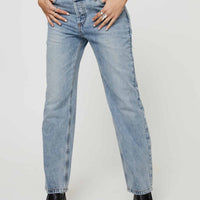 Holly Mid Rise Straight Leg Asymmetric Jean Light Wash Denim