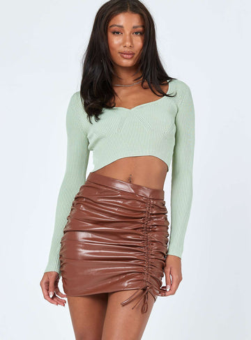 Davis Ruched PU Mini Skirt Brown