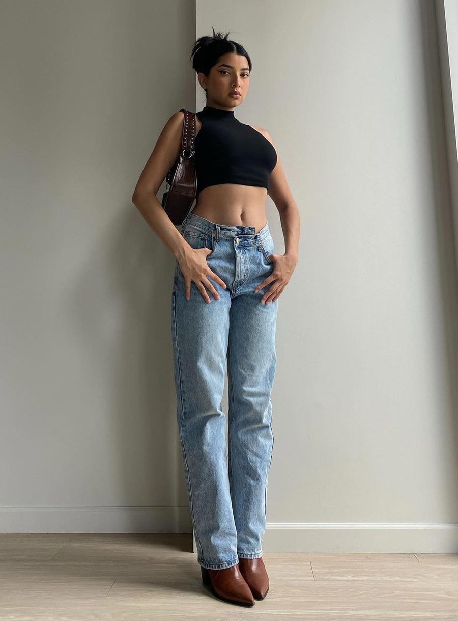 Holly Asymmetric Straight Leg Jean Light Wash Denim Petite