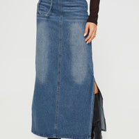Brandee Tie Front Denim Maxi Skirt Mid Blue