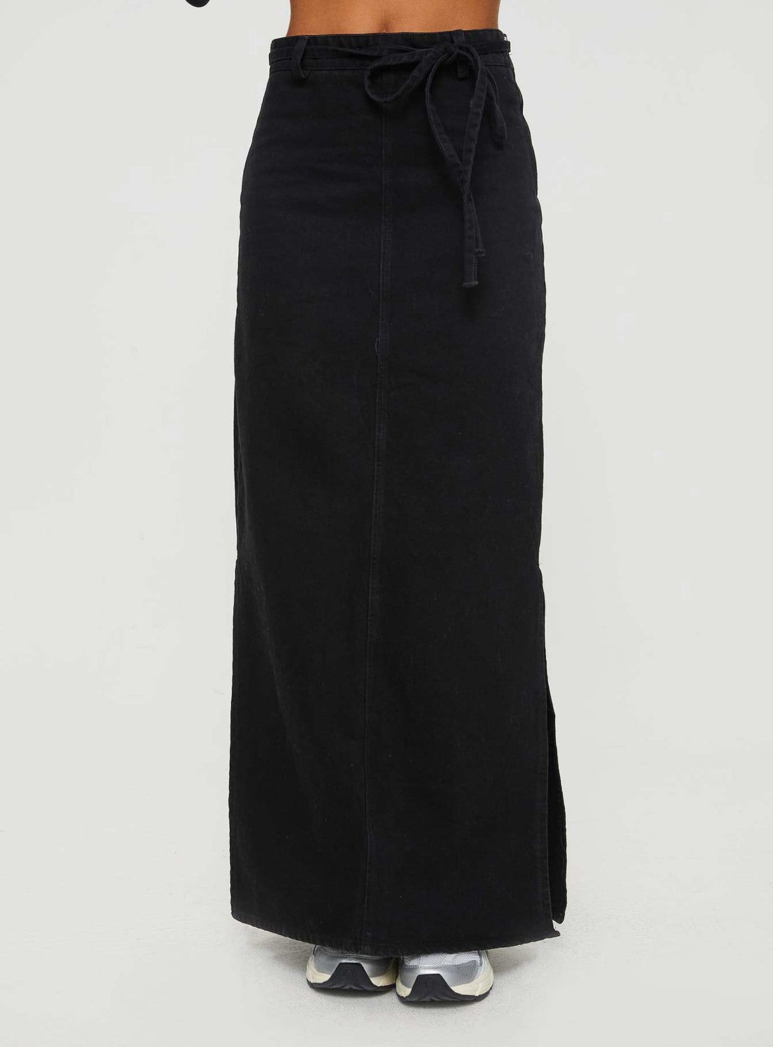 Brandee Tie Front Denim Maxi Skirt Black Wash