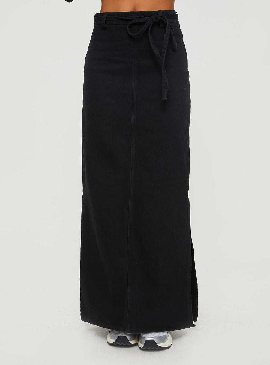 Brandee Tie Front Denim Maxi Skirt Black Wash