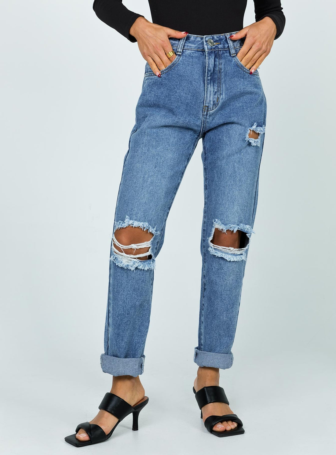 Hayden Knee Rip Jeans Mid Wash Denim