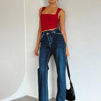 Holly Asymmetric Straight Leg Jean Dark Wash Denim