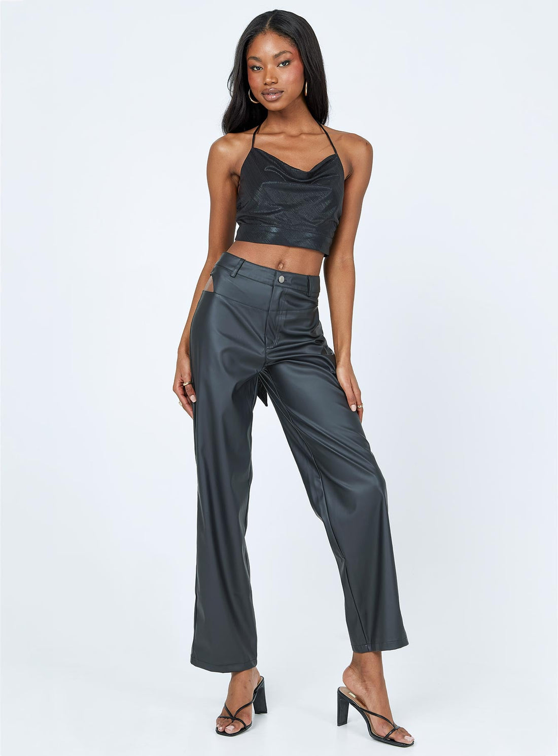 Desire Hip Cut Out PU Pants Black