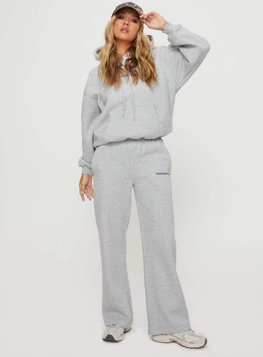 Princess Polly Straight Leg Track Pants Text Grey Marle
