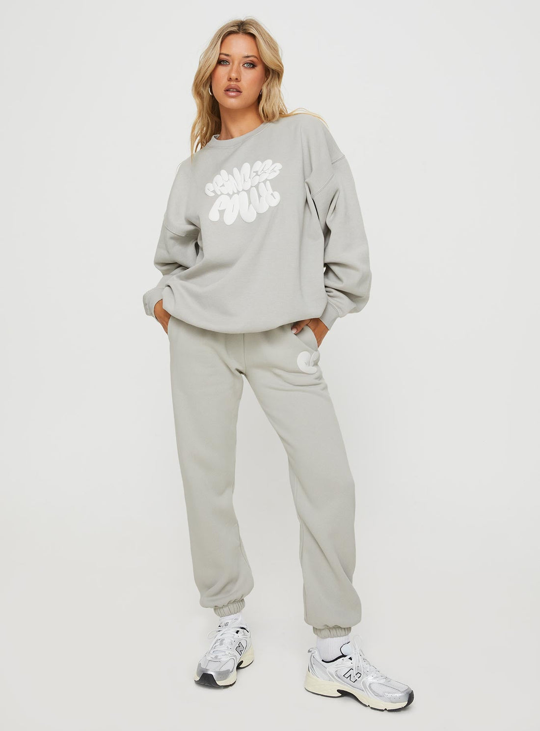 Princess Polly Track Pants Bubble Text Grey / Cloud White