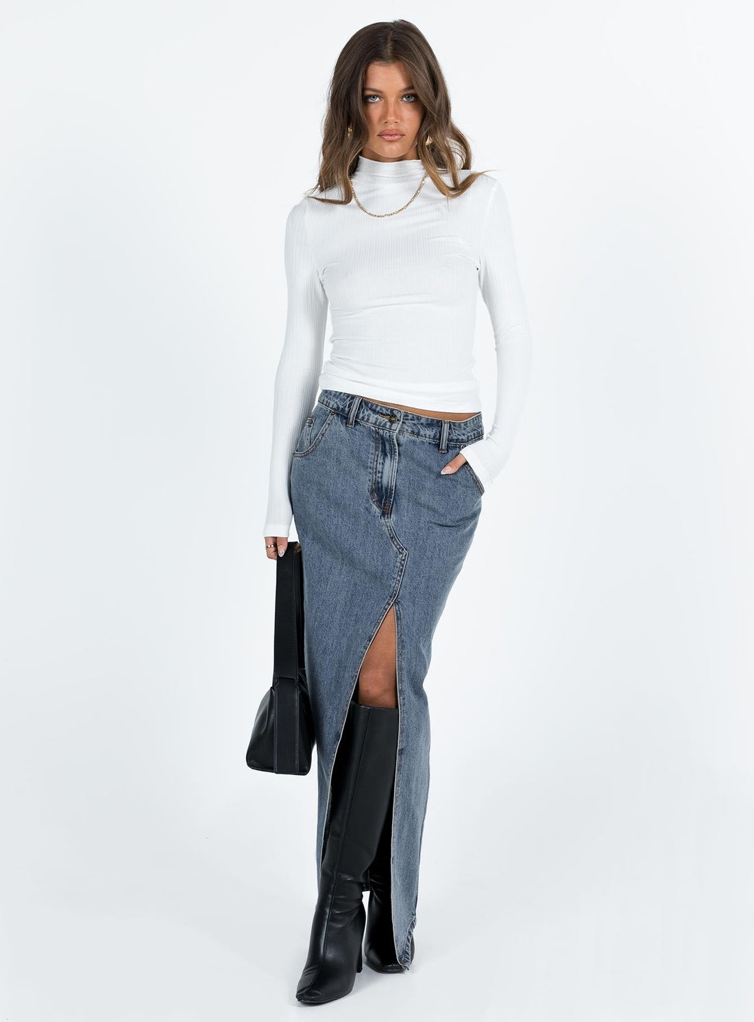 Barbara Split Midi Skirt Faded Denim