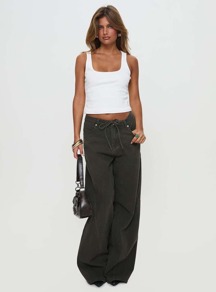Bruiser Tie Waist Mid Rise Wide Leg Jeans Green Petite
