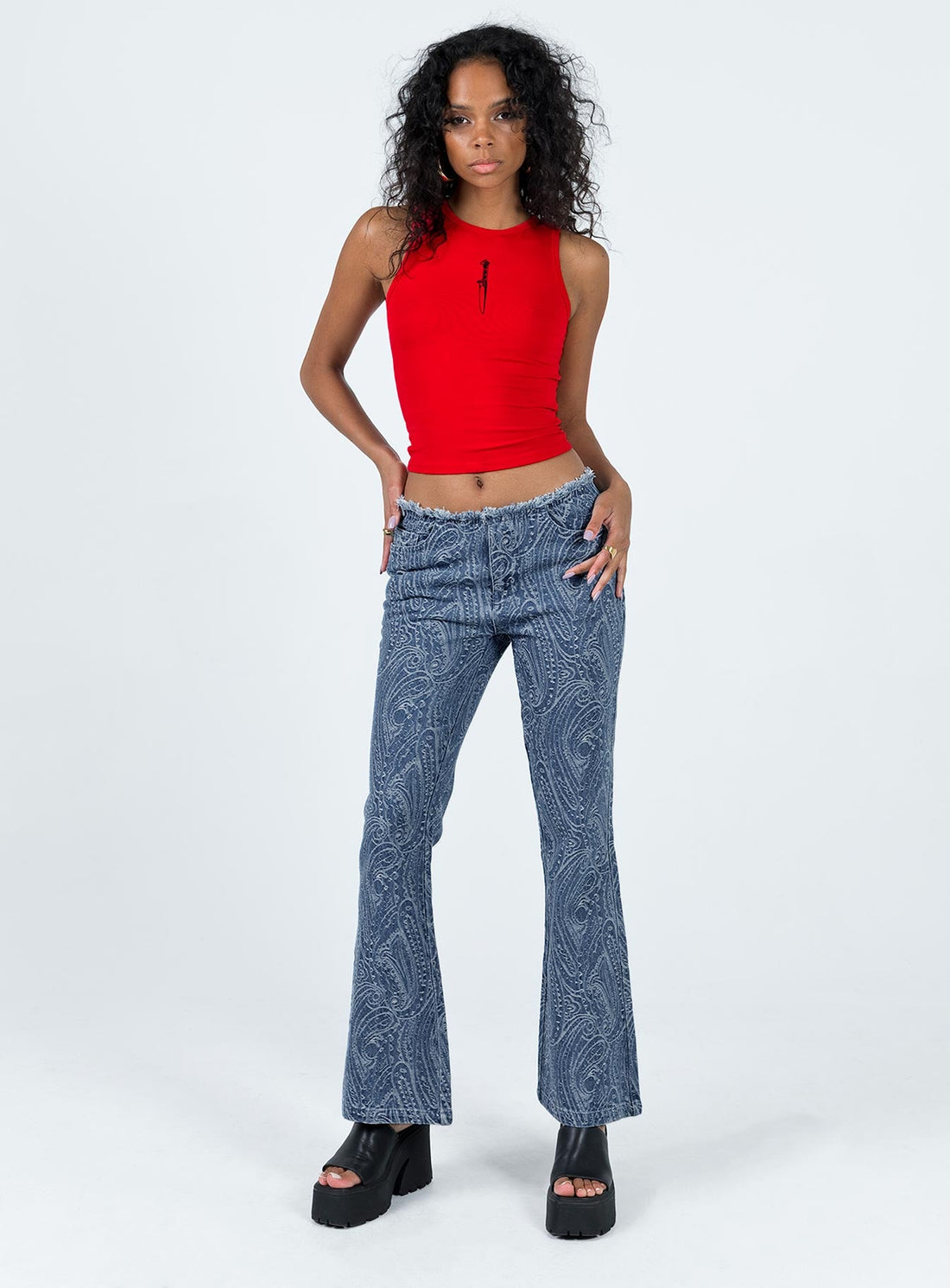 Loweana Low Rise Jacquard Flare Jean Blue Denim