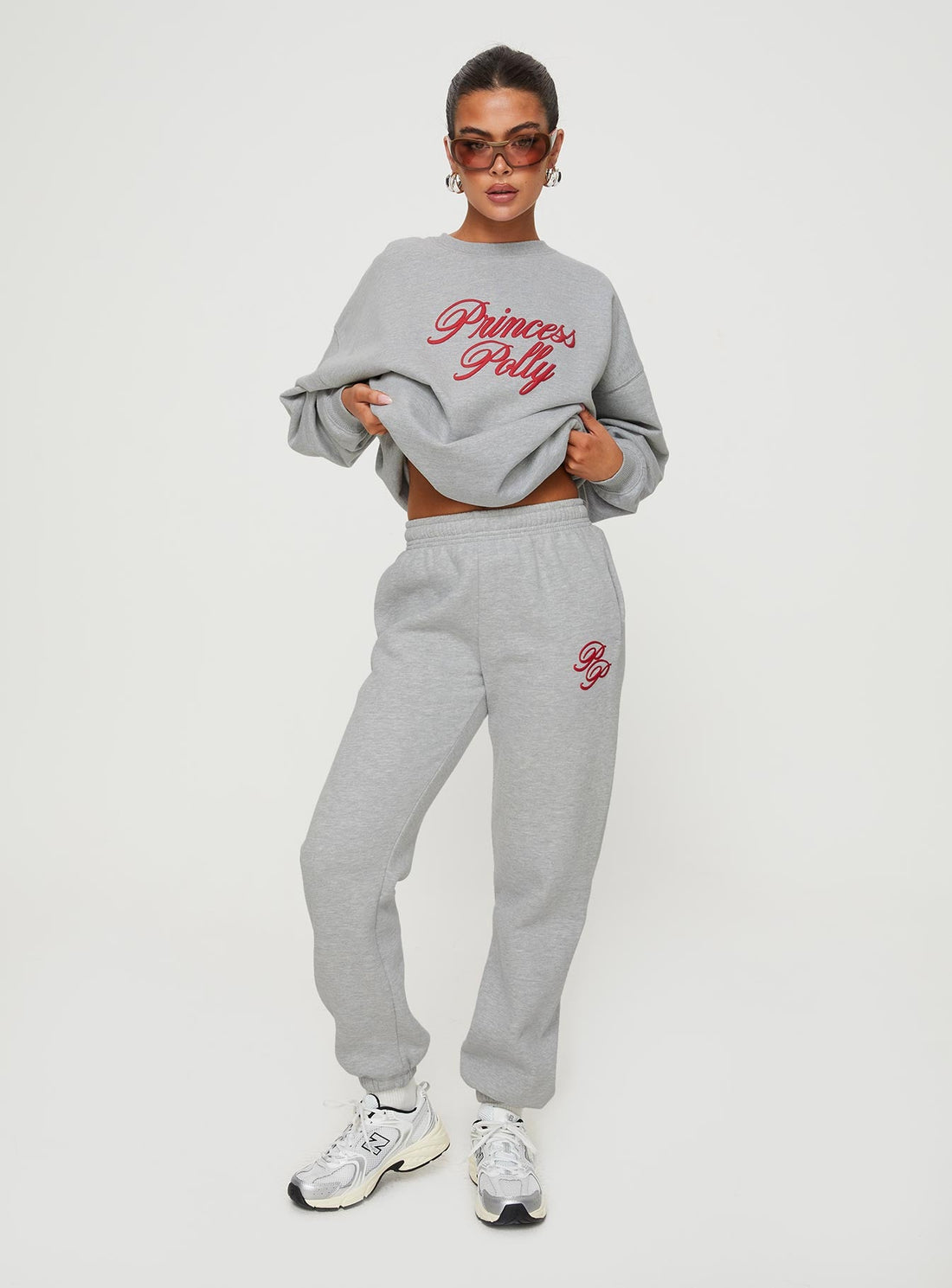 Princess Polly Track Pants Cursive Text Grey Marle/ Red