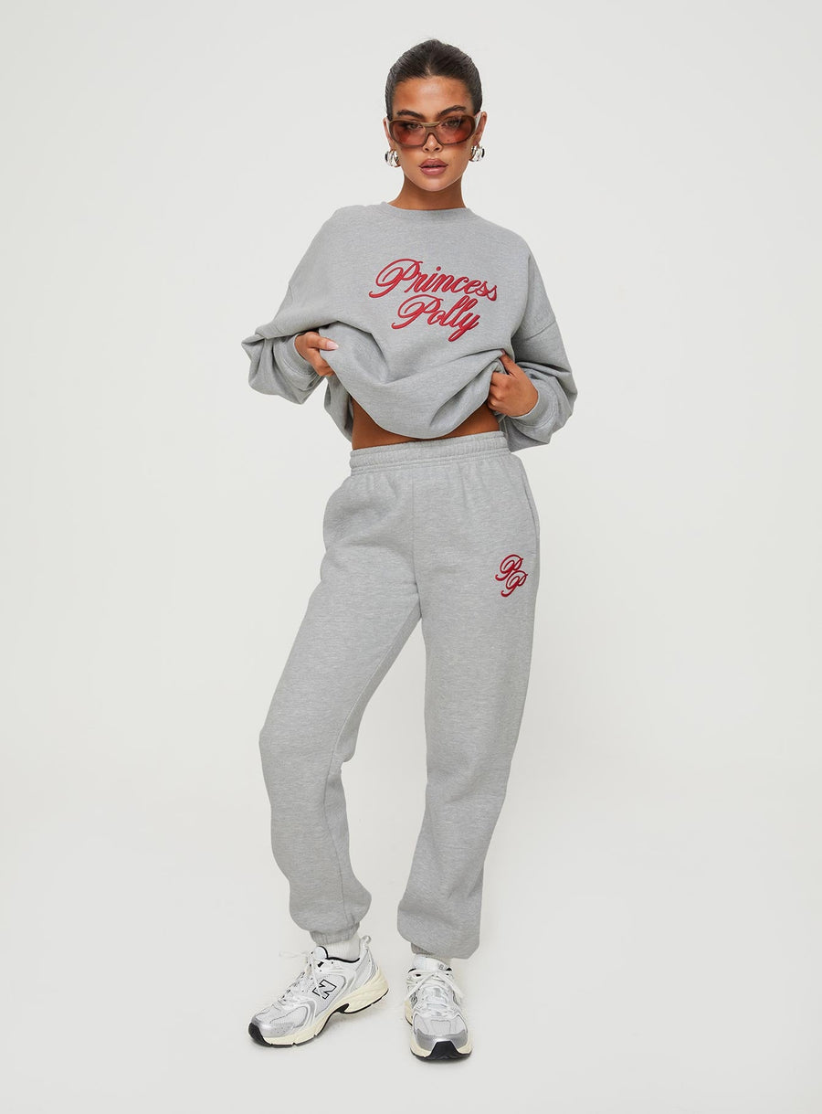 Princess Polly Track Pants Cursive Text Grey Marle/ Red