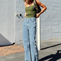 Morala Wide Leg Cargo Jeans Mid Wash Denim