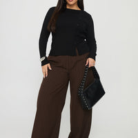 Khane Low Rise Wide Leg Pant Brown Pinstripe Curve
