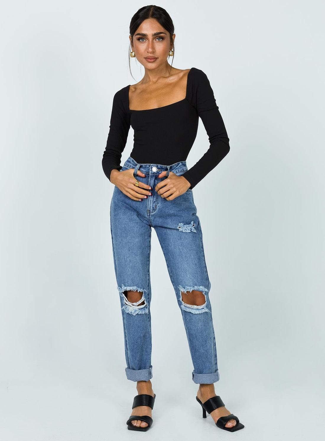 Hayden Knee Rip Jeans Mid Wash Denim