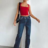 Holly Asymmetric Straight Leg Jean Dark Wash Denim