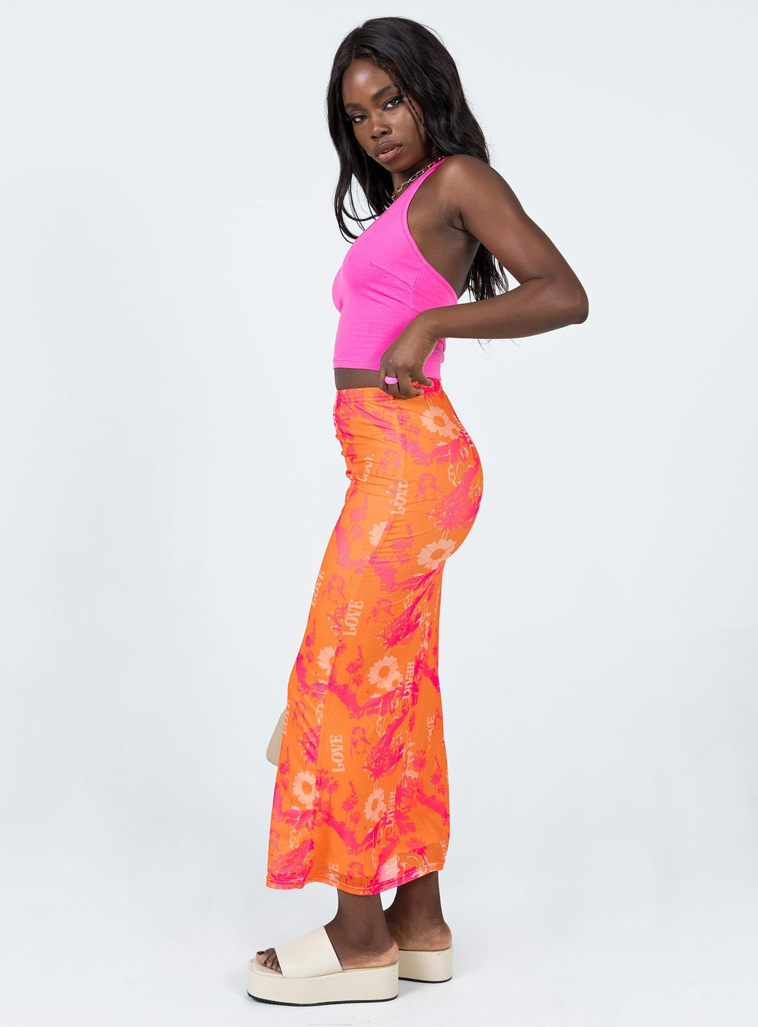 Zonya Mesh Floral Maxi Skirt Orange