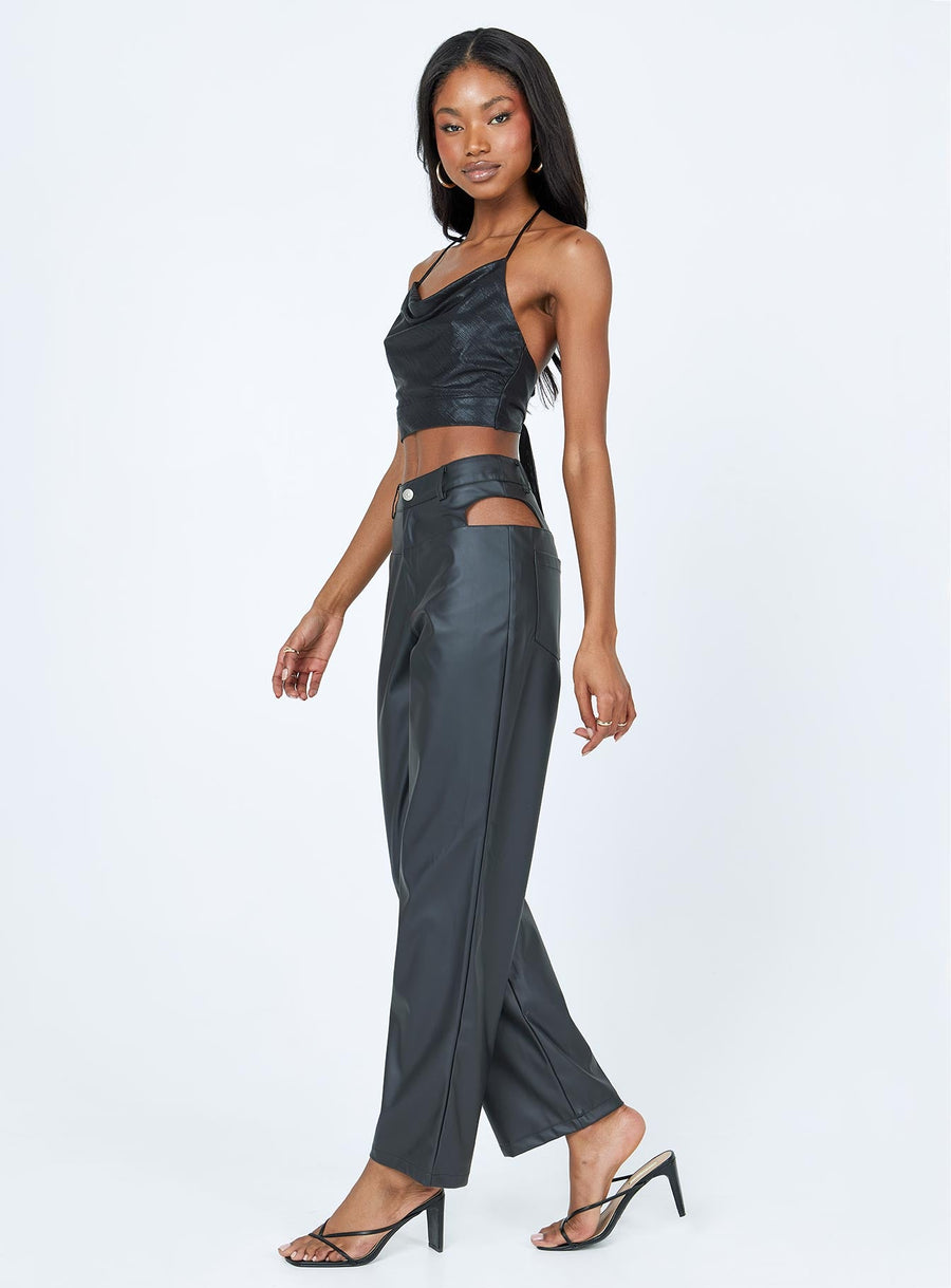 Desire Hip Cut Out PU Pants Black