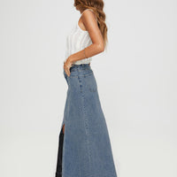 Deneuve Denim Maxi Skirt Mid Wash