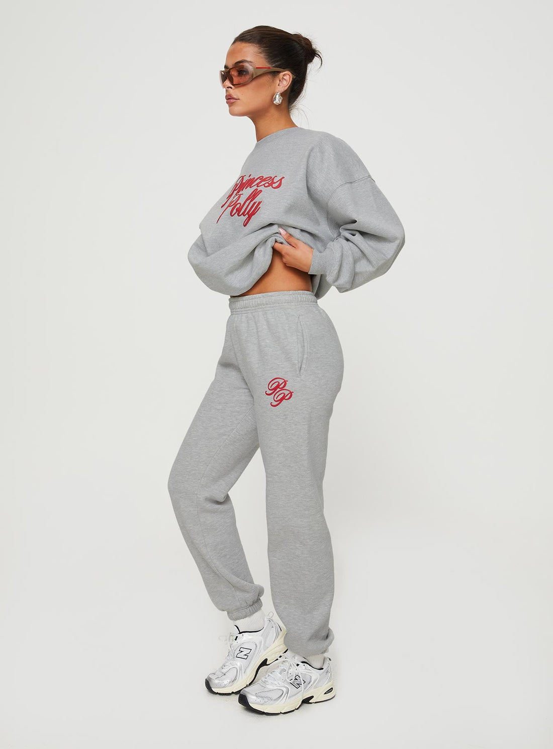 Princess Polly Track Pants Cursive Text Grey Marle/ Red