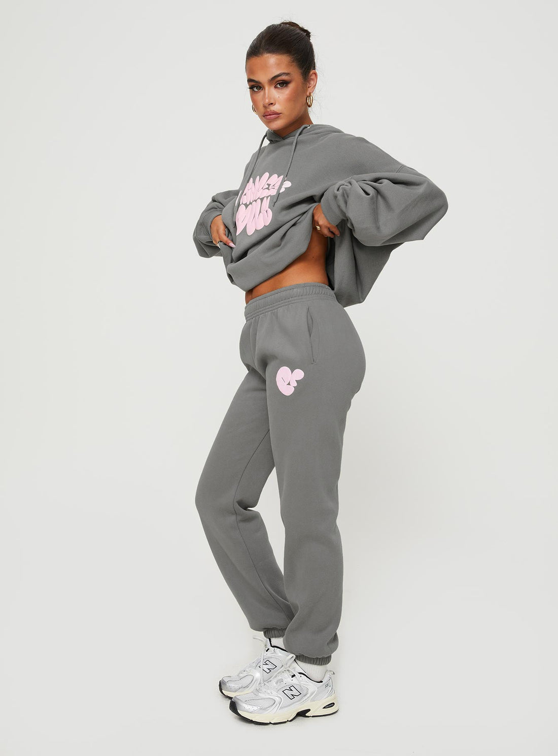 Princess Polly Track Pants Bubble Text Charcoal / Light Pink