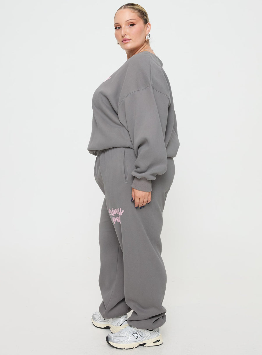 Princess Polly Track Pants Puff Text Charcoal Curve