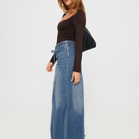 Brandee Tie Front Denim Maxi Skirt Mid Blue