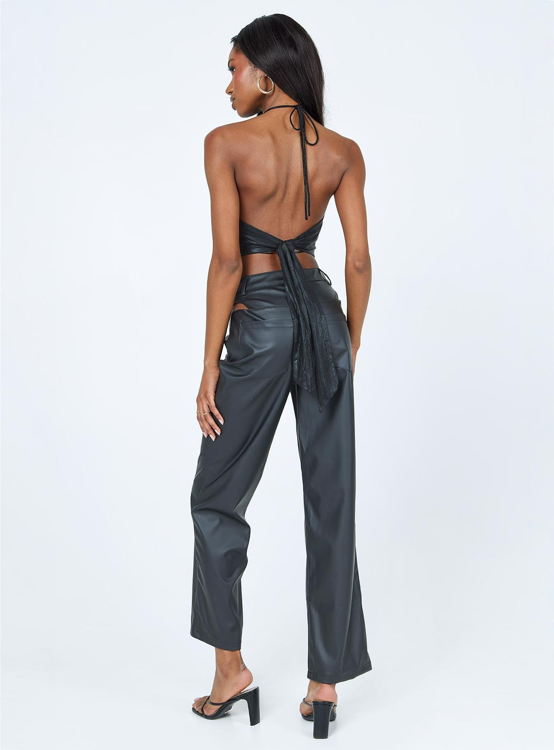 Desire Hip Cut Out PU Pants Black