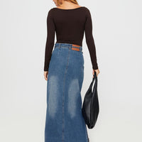 Brandee Tie Front Denim Maxi Skirt Mid Blue