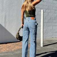 Morala Wide Leg Cargo Jeans Mid Wash Denim