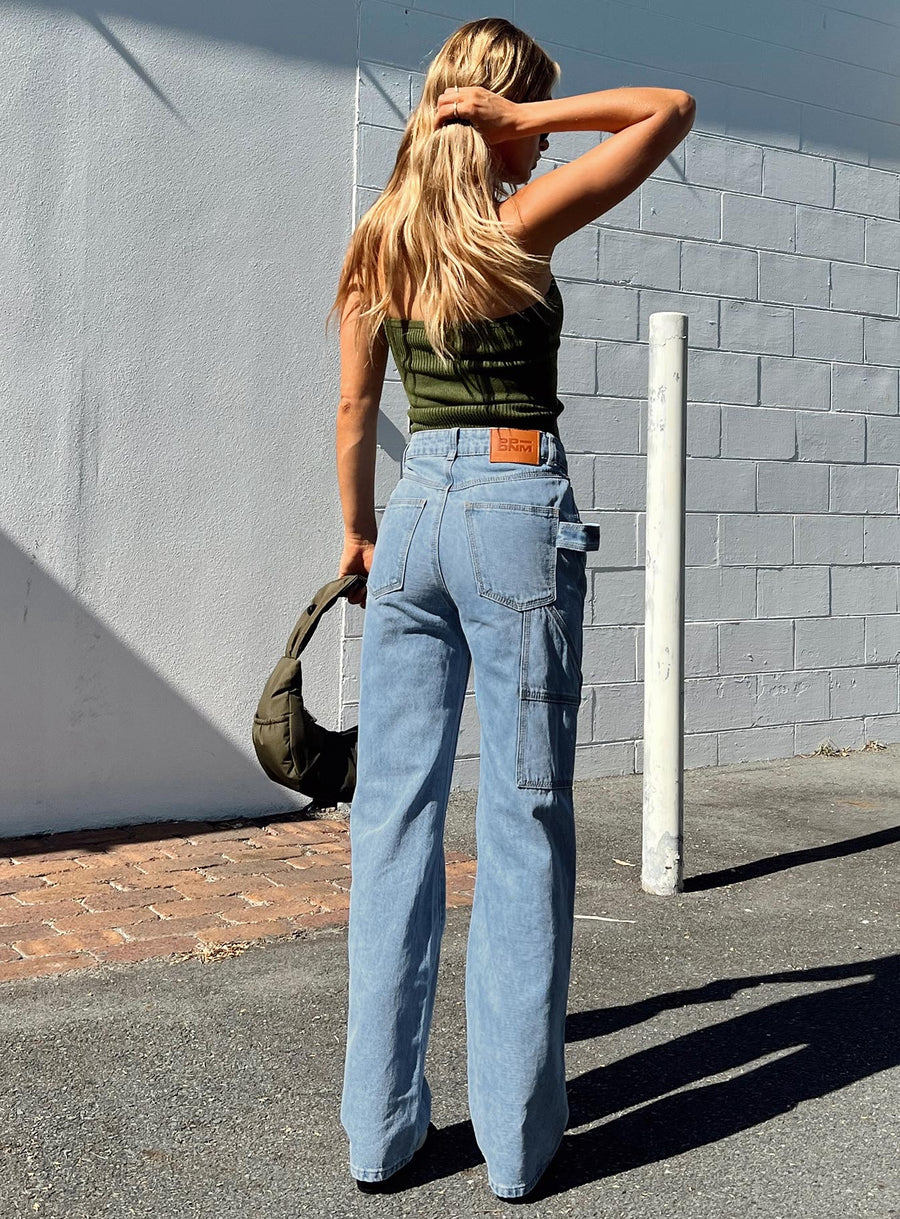 Morala Wide Leg Cargo Jeans Mid Wash Denim