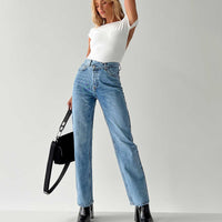 Holly Mid Rise Straight Leg Asymmetric Jean Light Wash Denim