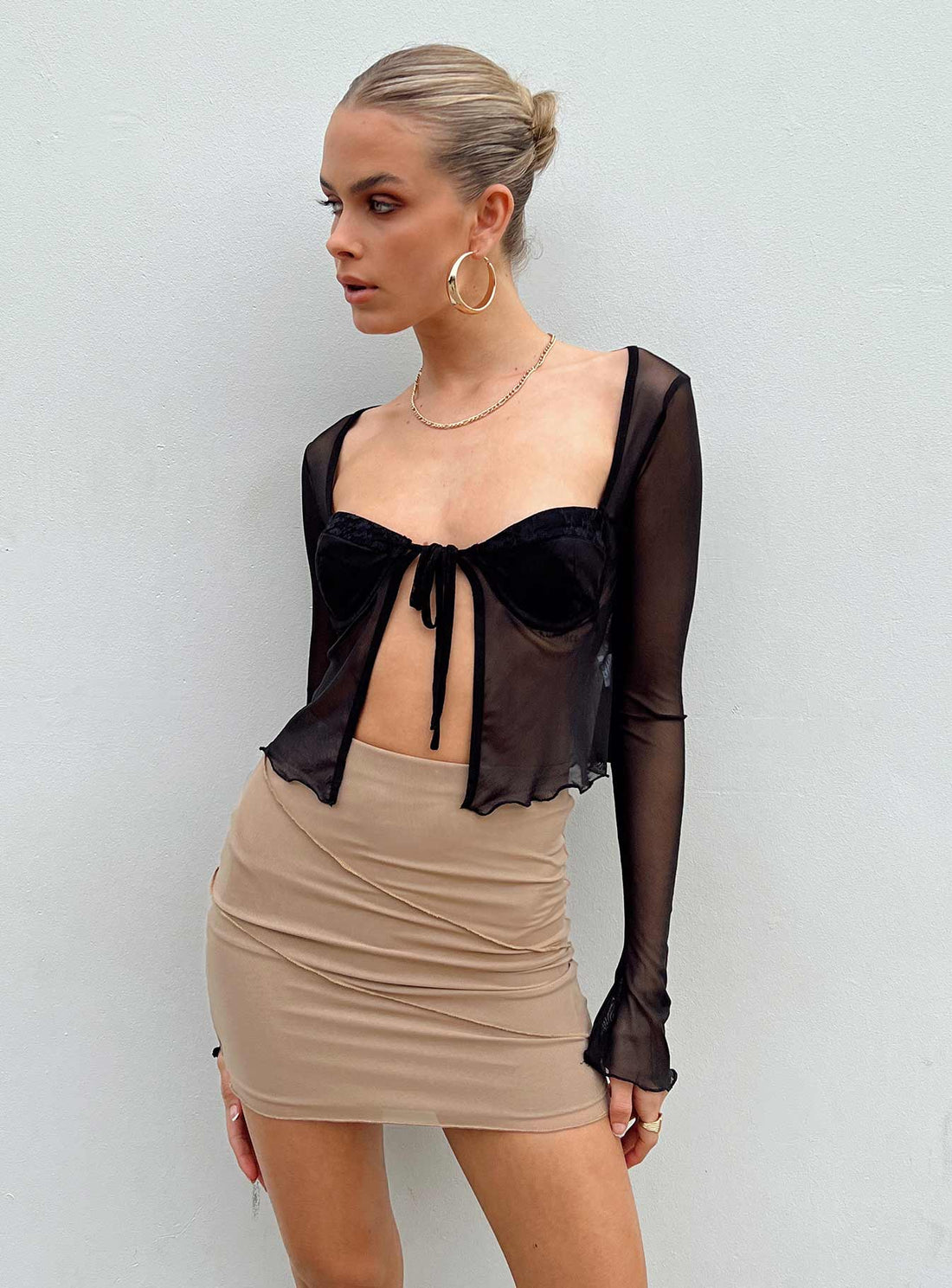 Oscar Mesh Mini Skirt Beige