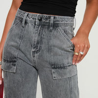 Chad High Rise Flared Cargo Jeans Washed Grey